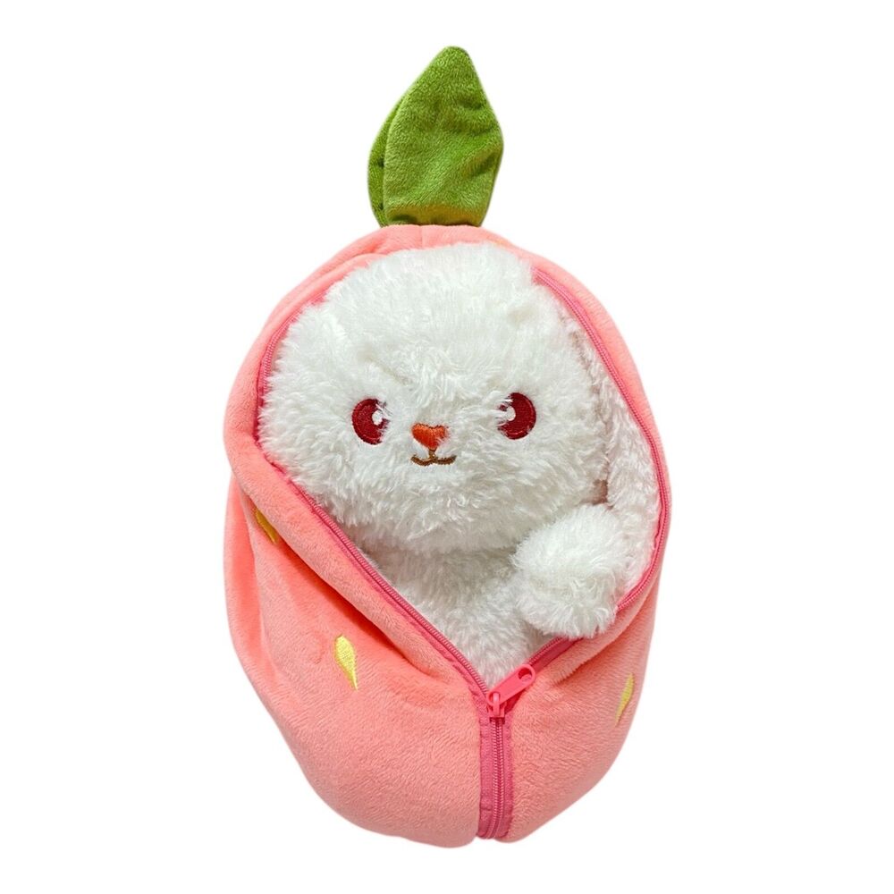 Pink Strawberry With White Bunny Plush Zip Up Reversible Stuffed Animal Rabbit